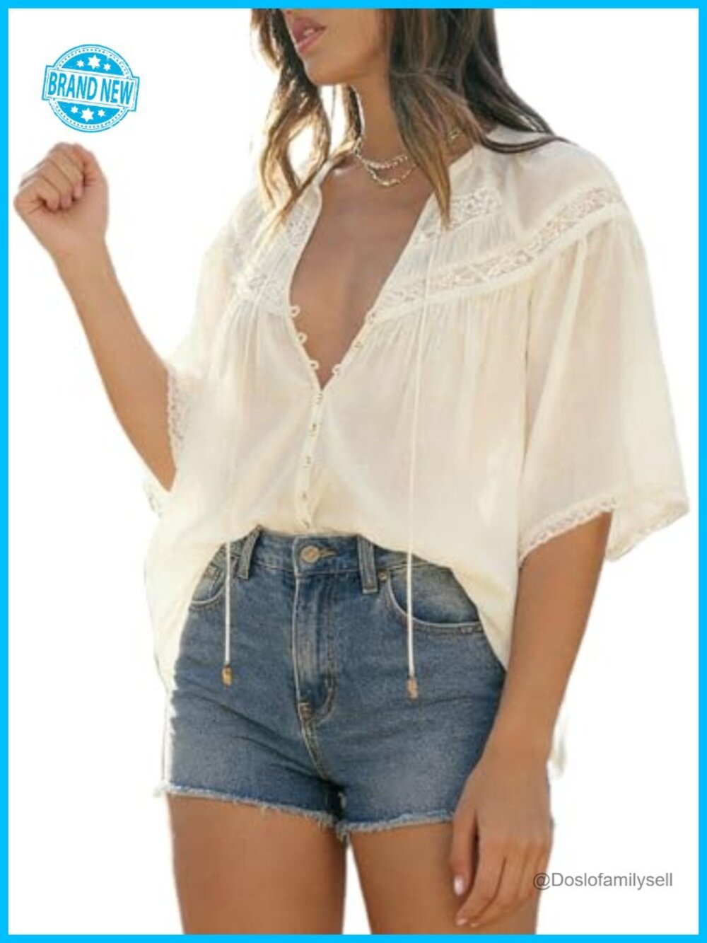 Womens Boho Tie Front Lace Blouse Chiffon Puff Sleeve Peasant Top
